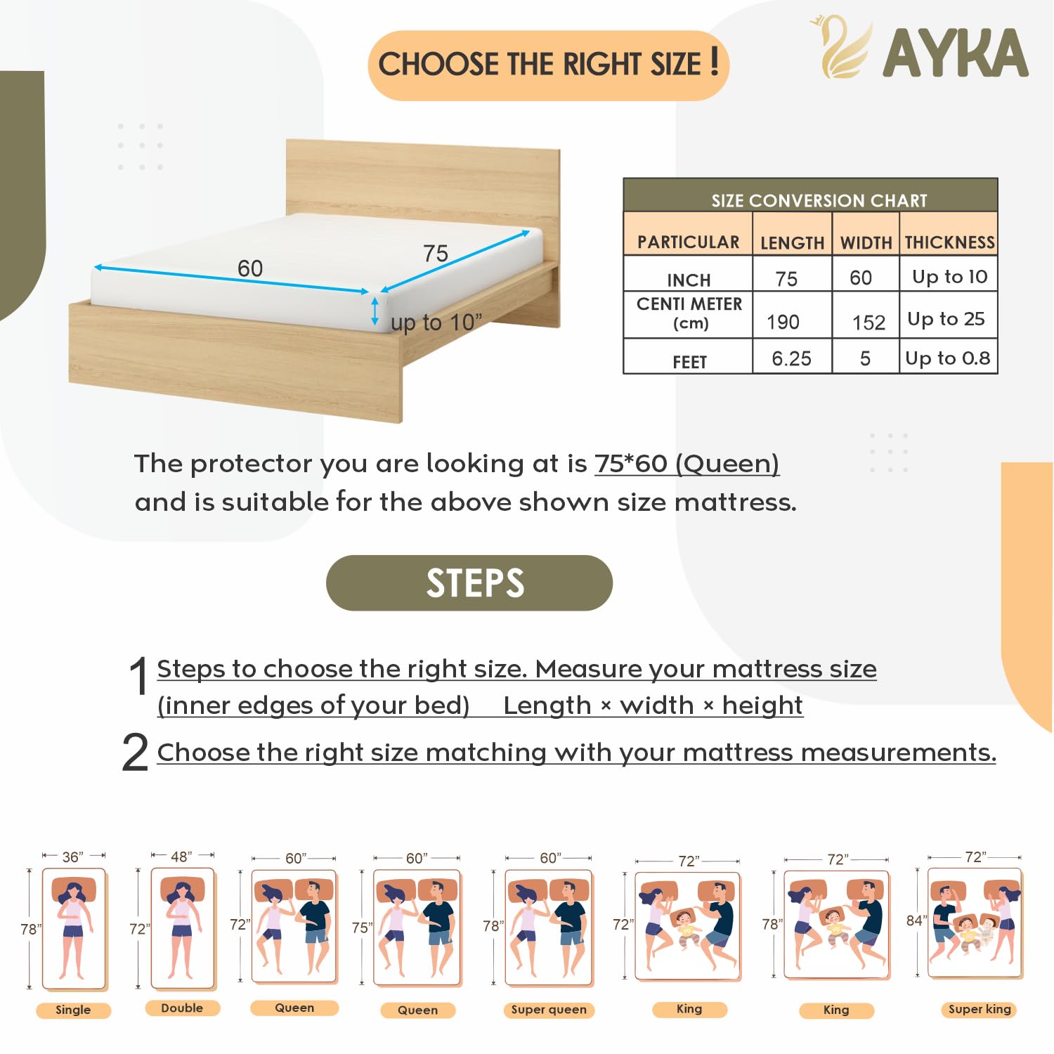 Ayka 100% Waterproof Queen Size 75x60 inch Cotton Quilted Mattress Protector Breathable Hypoallergenic Noiseless Ultra Soft Elastic Fitted Bed Protector Mattress/Bed Cover (Grey, Queen (75 * 60”)) 1