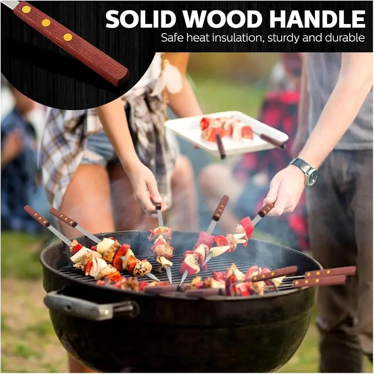 10PCS Stainless Steel Skewers Reusable Thicken Barbecue Sticks Wooden Handle Perfect Outdoor BBQ Vegetables Beef Tools