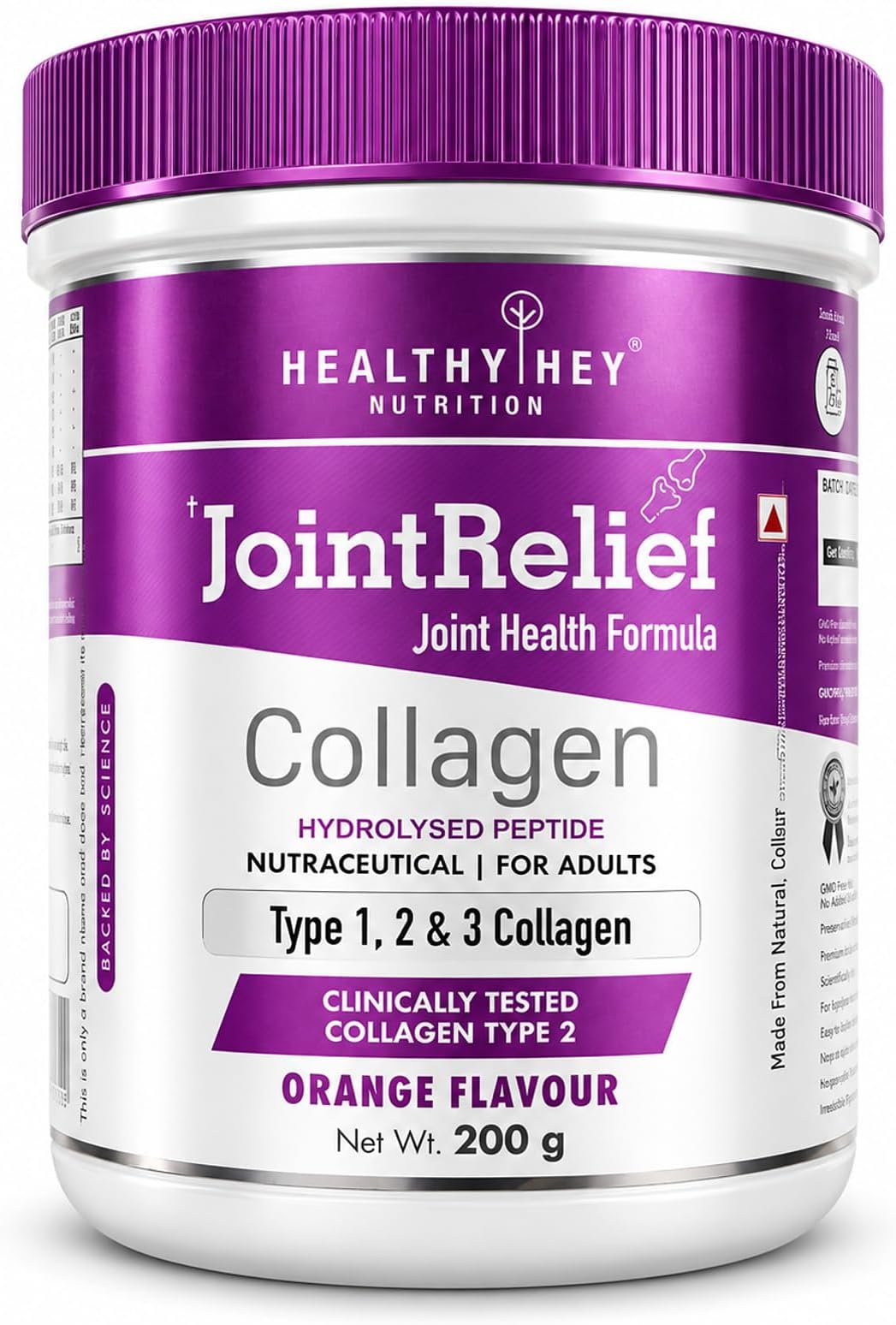 - HealthyHey Nutrition Jointrelief Collagen Peptide Powder Type 1,2 & 3 (Hydrolysed) With Glucosamine,Chondroitin,Msm- Support Joint And Cartilage Health - 200 G (Orange),1 Count,22 Servings