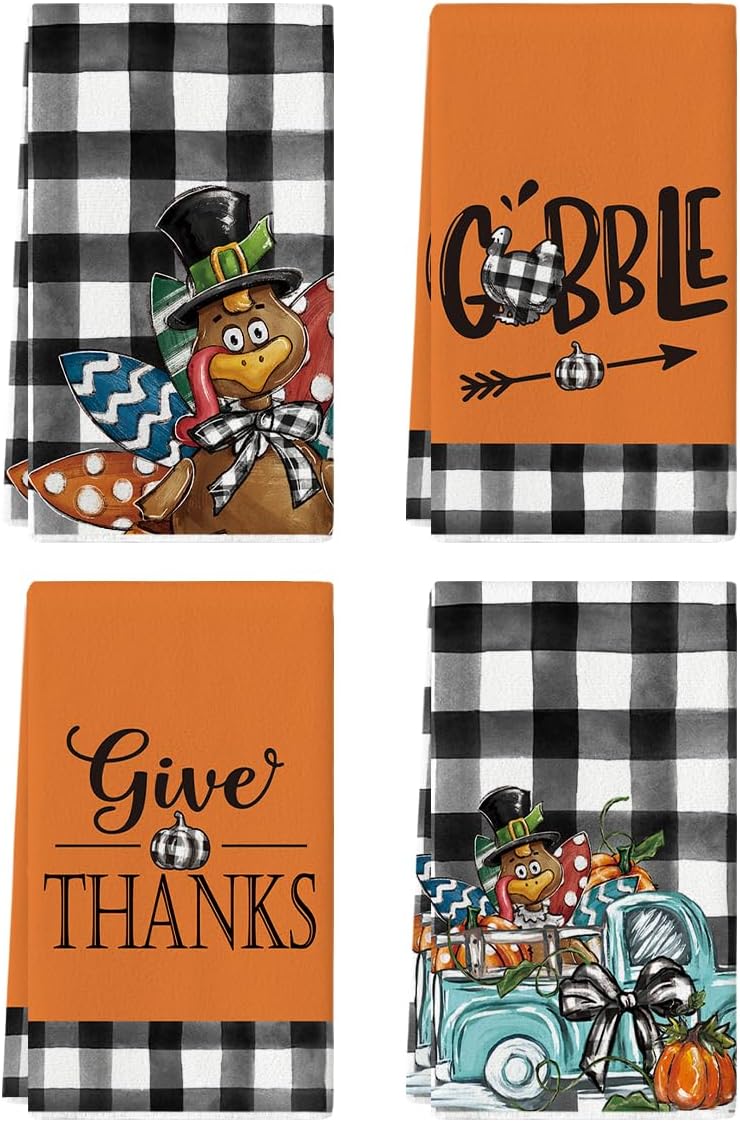 Artoid Mode Buffalo Plaid Turkey Thanksgiving Kitchen Towels Dish Towels, 18x26 Inch Fall Truck Gobble Pumpkin Decoration Hand Towels Set of 4