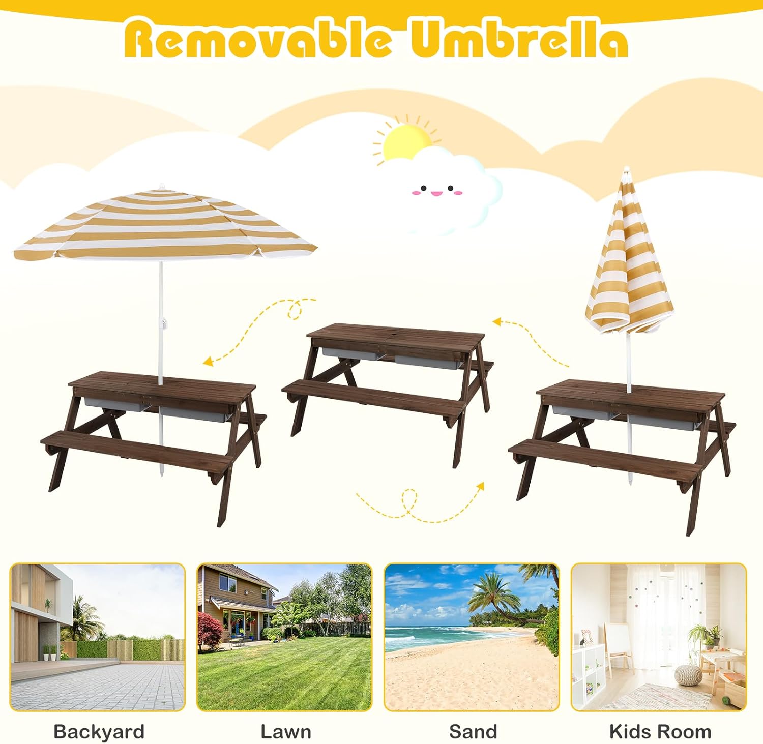 GLACER 3-in-1 Kids Picnic Table, Wooden Sand and Water Table w/Removable & Adjustable Umbrella, Built-in Benches, Kids Outdoor Furniture, Toddler Picnic Table for Patio, Backyard (Brown)