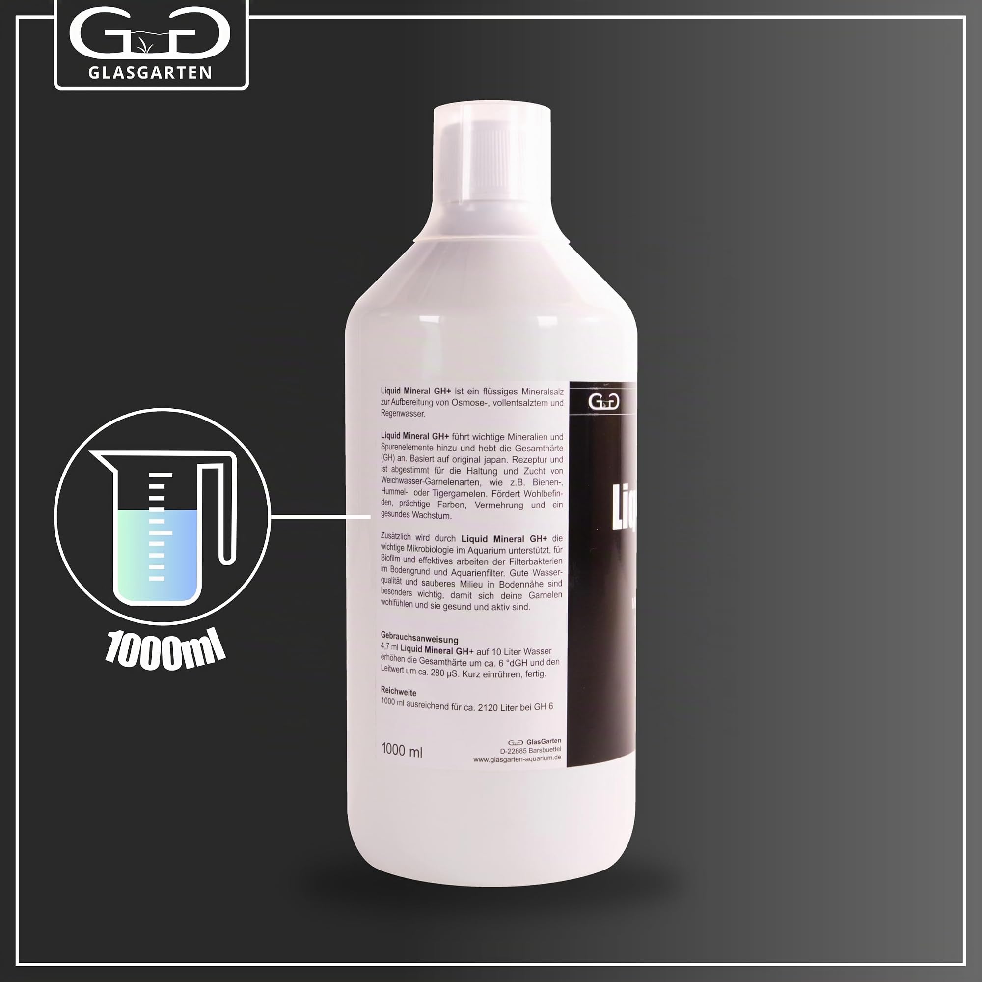GlasGarten Liquid Mineral GH+ | 1 L/ 1000ml – flüssiges Mineralsalz zur Aufbereitung & Remineralisierung von Osmosewasser, Regenwasser, weichem Leitungswasser & vollentsalztem Wasser