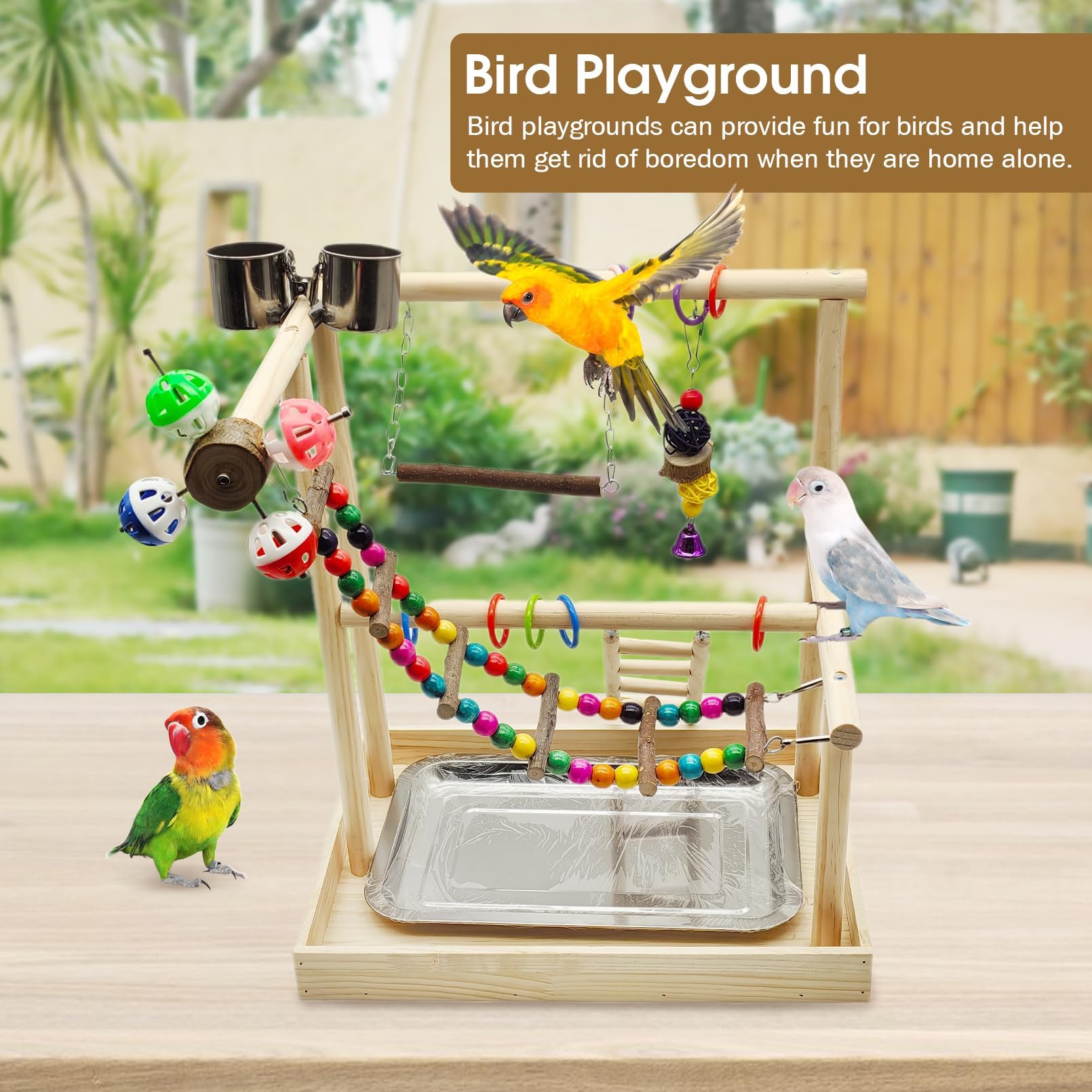PINVNBY Bird Playground Parrot Playstand Play Gym Cockatiel Wood Bird Toys Birds Cage Accessories Playpen Ladder with Feeder Cups Hanging Swing Toys for Parakeet Conure Lovebird Cockatiel - image 3