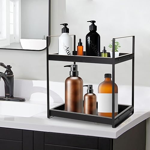 Miniatura 2 de Bandejas organizadoras de encimera de baño, estante de almacenamiento de 2 niveles, estantes de gabinete de fregadero de tocador, organización de