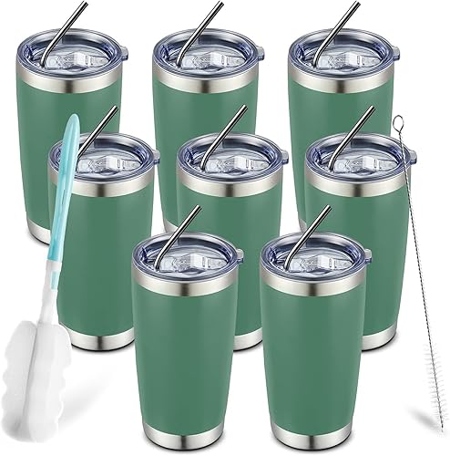 COMOOO Paquete de 8 vasos de 20 onzas con aislamiento al vacío de doble pared para café, taza de viaje de acero inoxidable a granel con tapa y