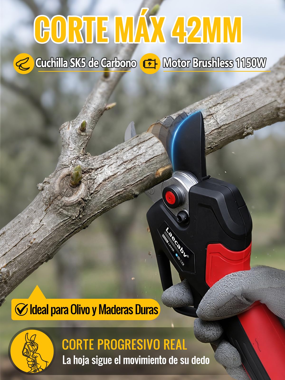 Laecabv LA42S Tijeras de Podar Eléctricas Profesionales 42mm, 2 Baterías 4Ah (8-10h), con Mochila y Cable para Aliviar Peso, Motor sin Escobillas 1150W, Olivo y Viñedo