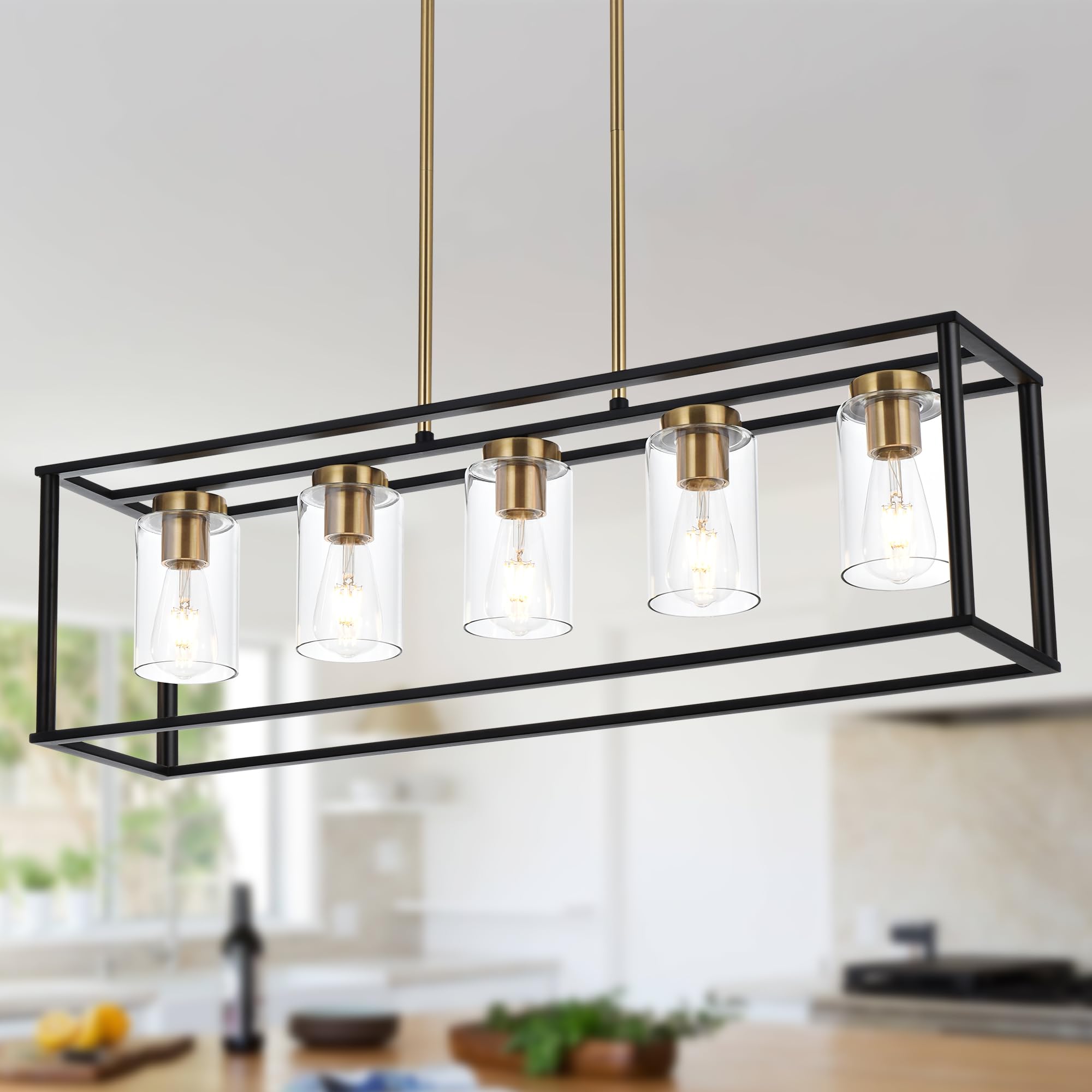 VINLUZ Farmhouse Chandeliers for Kitchen Island with Clear Glass Shade Black and Brushed Brass 5 Light Dining Room Lighting Fixtures Hanging, Rectangle Pendant Lights Industrial Modern Ceiling Light