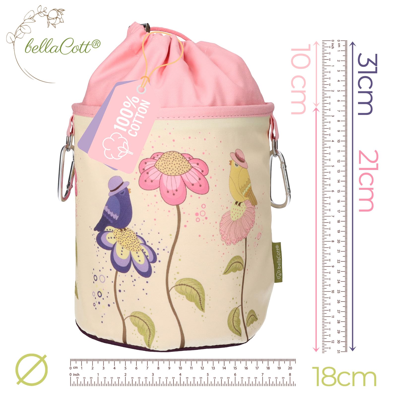 96 mollette colorate Softgrip antiscivolo, extra resistenti, con sacchetto per mollette bellaCott in cotone con motivo a fiori di uccello