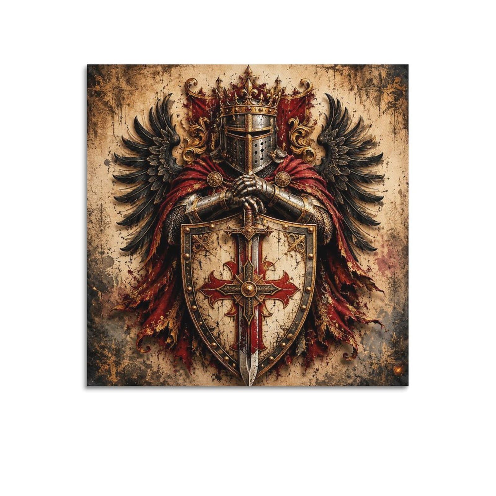 XKUGA Heraldic Shield Poster Crowned Cross Mark Medieval Crest Modern Decorative Canvas Prints - Ideal Wall Art for Family, Man Cave, Game Room, Boys & Girls Bedroom 12x12inch(30x30cm)
