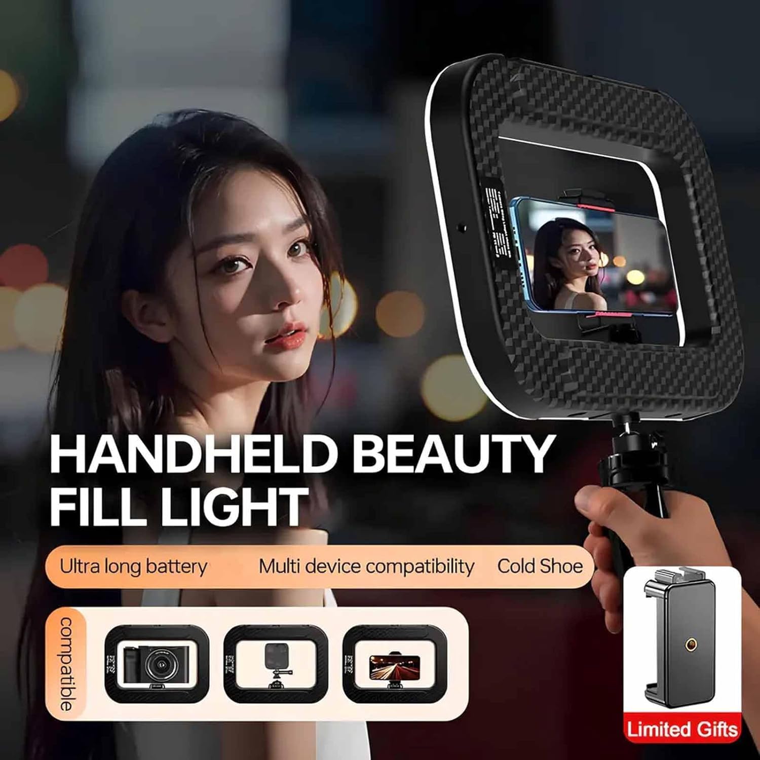Luce Ad Anello Portatile Ricaricabile Per Vlog E Streaming – USB, Luminosità Regolabile, 15,9x22 Cm, Compatta Da Viaggio - 2