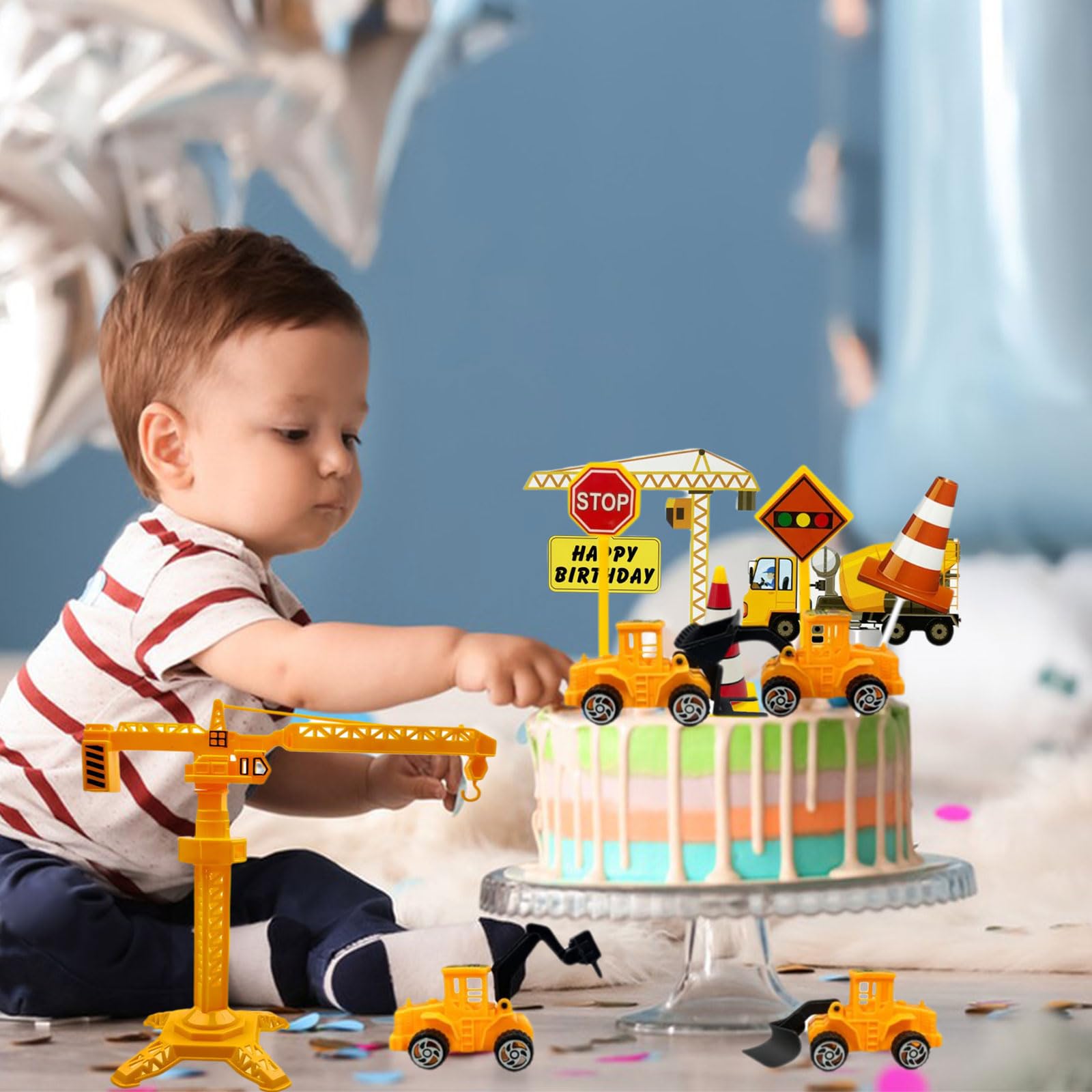 Decorazione Tema Cantiere Per Torte Bambini - 16 Pezzi Veicoli Costruzione E Cartelli Segnaletici