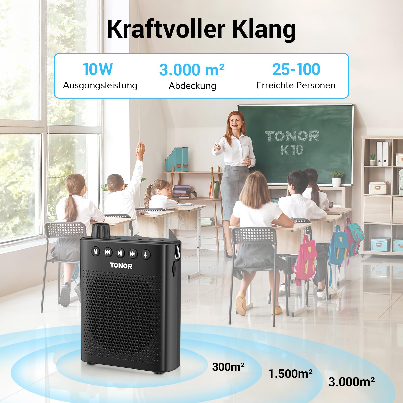 TONOR Sprachverstärker Tragbar, Wiederaufladbarer Mini Stimmverstärker mit Bluetooth Lautsprecher, 100 cm Kabelgebundenem Mikrofon-Headset, PA-System für Trainer, Reiseführer, Tagungen, Fitness, K10