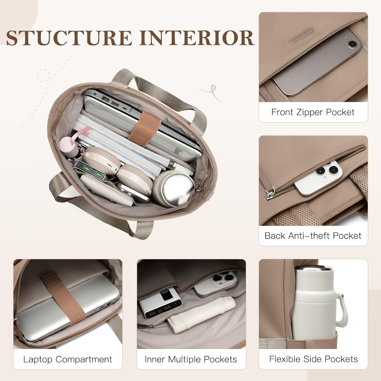 Convertible Laptop Backpack for Women Men Carry on Tote Backpack Teacher Bookbag for College Work Nurse Travel Leisure,16 Inch,Champagne Brown - Image 5