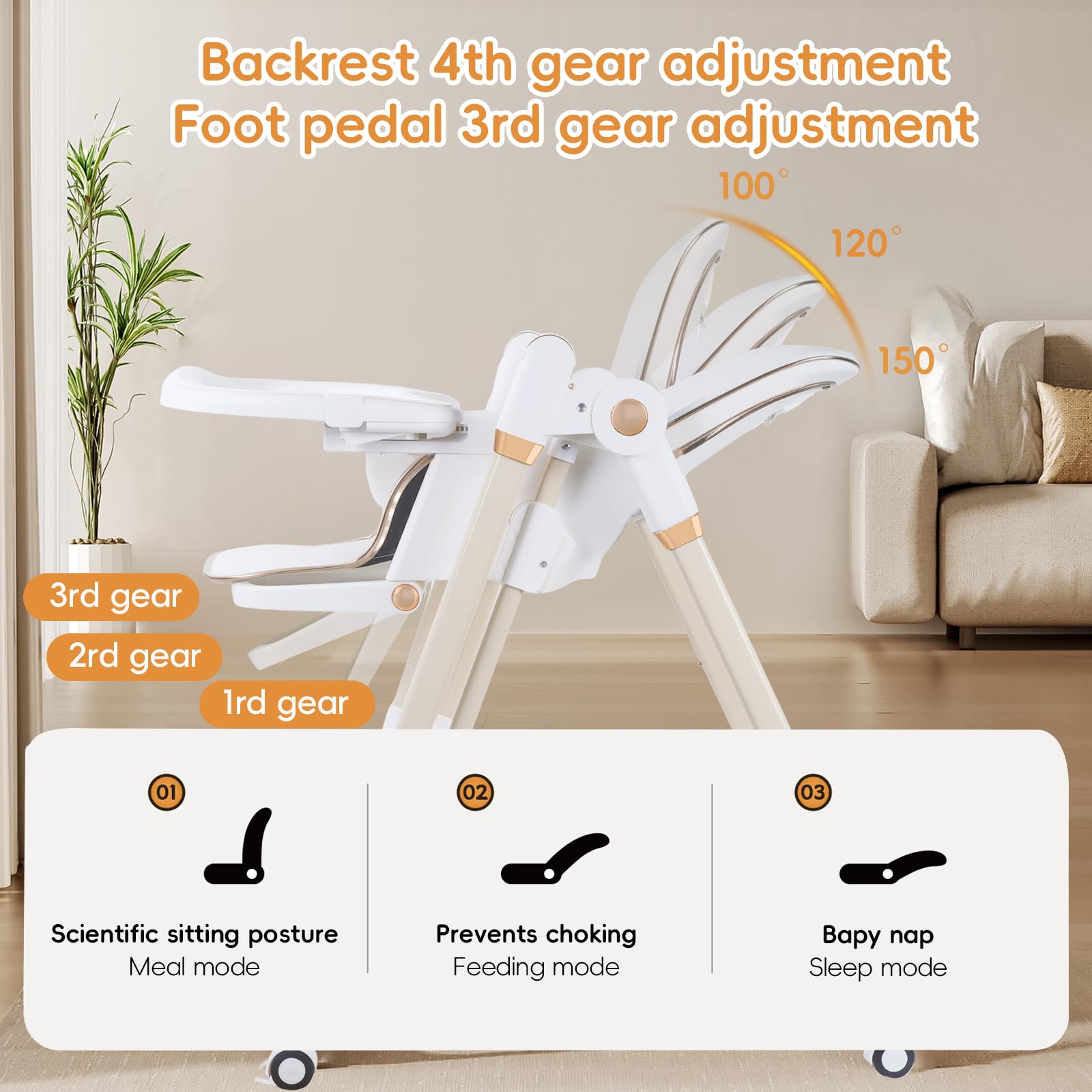 Seggiolone Pappa, Ergonomico, Confortevole, Regolabile, Pieghevole, Ripiano Smontabile, per Bambini, 6 Mesi - 3 Anni, 80x 53 x104cm (Bianco)