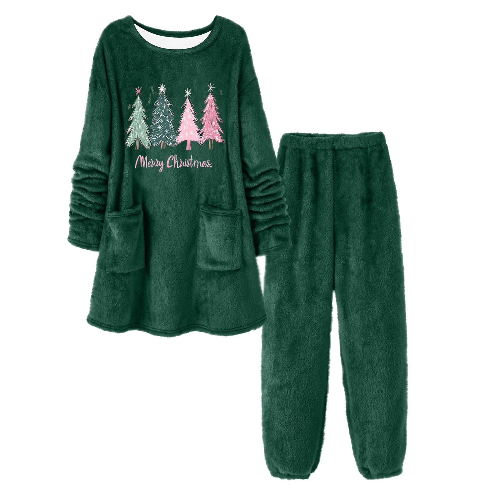 Pijama de Navidad para mujer, largo, mullido, conjunto de pijama de árbol de Navidad, ropa de dormir de 2 piezas, suéter y pantalones de salón, franela de forro polar, ropa de dormir Merry