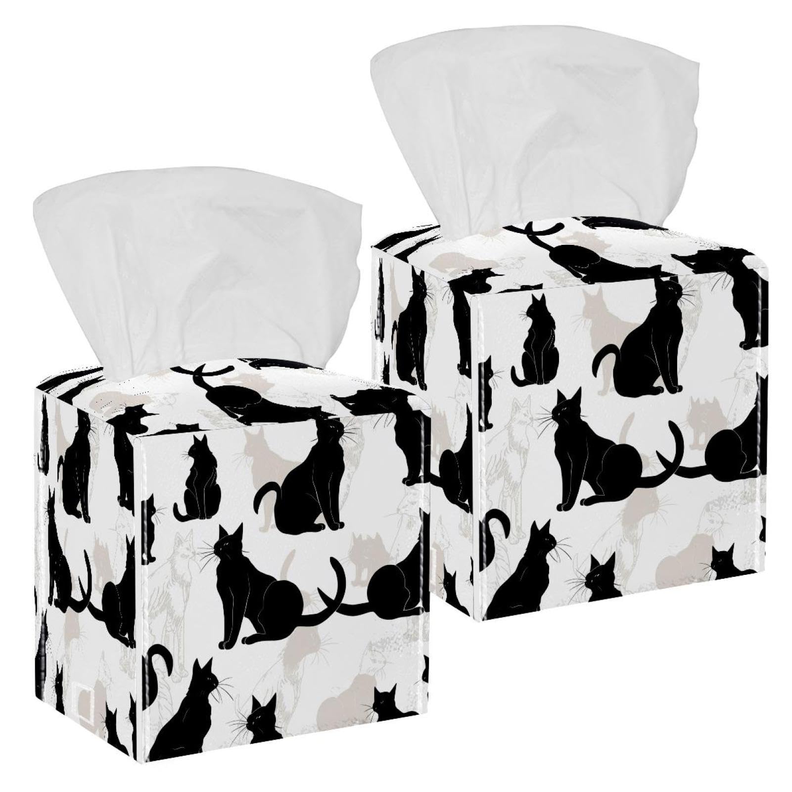 Cats Tissue Box Cover, 2 Pack PU Leather Square Facial Tissue Dispenser Box holder for Home Office Car