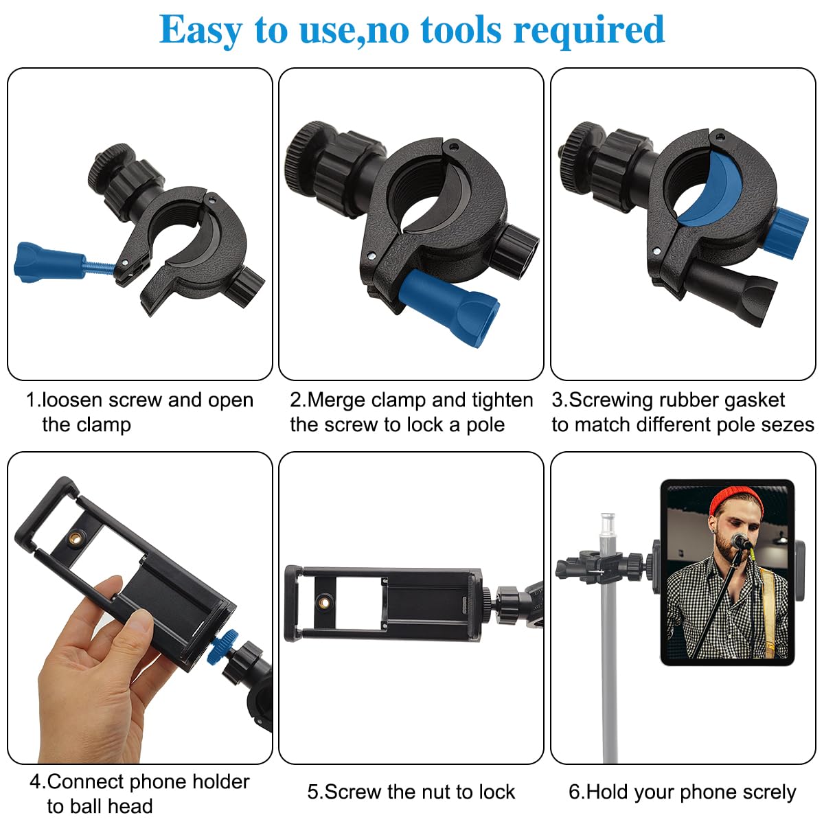 SourceTon 360° Adjustable Stand Mount, Universal Clamp + Dual Slot Phone Holder + Tablet Clip, Compatible with a Wide Range of Mobile Tablets for Performance, Recording and Streaming