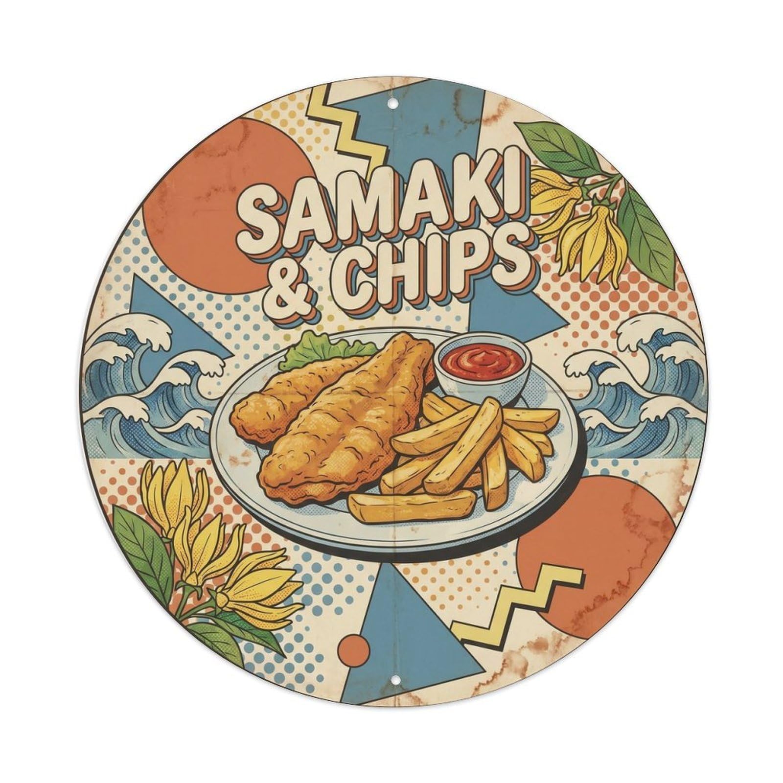Comoros Harbor Fish Chips Colorblock Pop Cuisine Metal Tin Sign