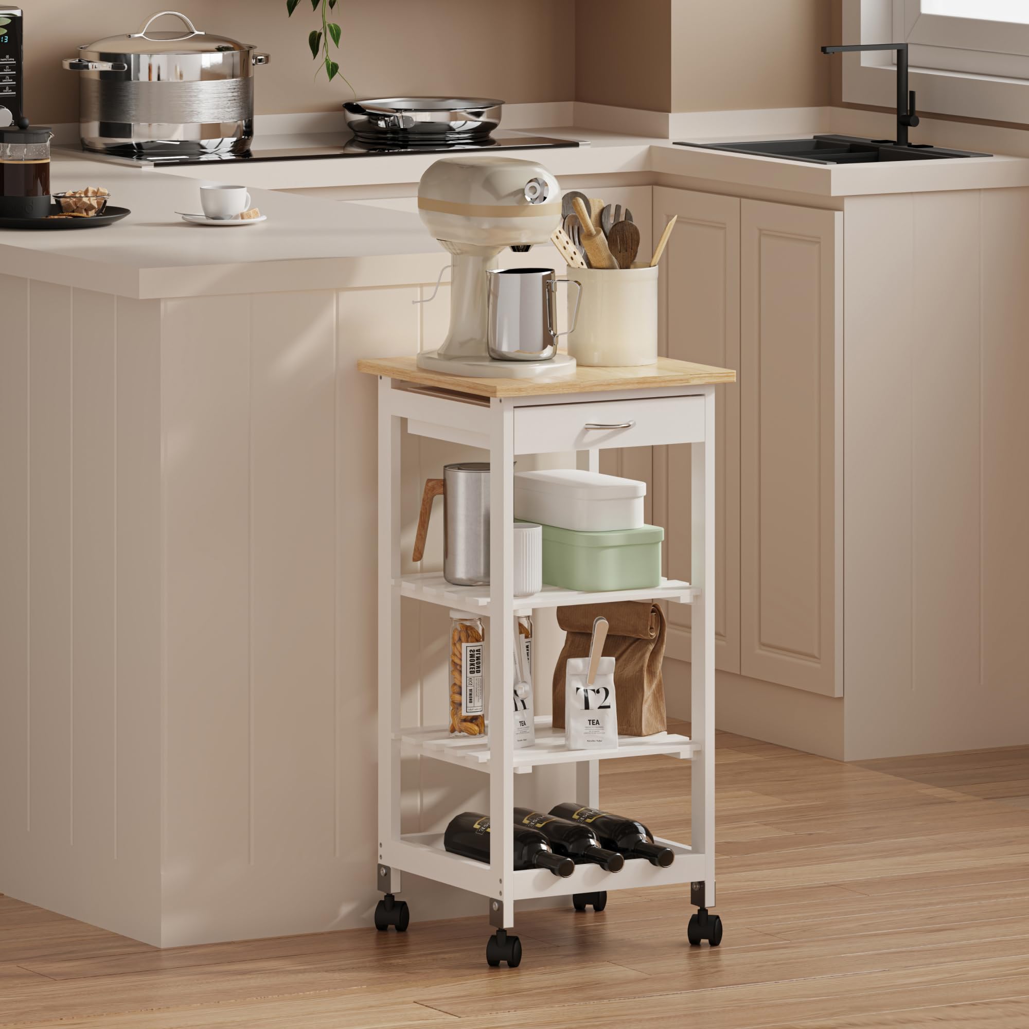 [en.casa] Carrello da Servizio Portaoggetti a Rotelle con 3 Ripiani e Cassetto Carrello Portatutto Multiuso Griglia Portabottiglie per Cucina Sala Bagno 76x37x37 cm - Bianco/Effetto Legno