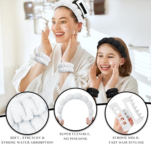 Miniatura 3 de Wecoe Juego de diadema y pulsera de spa blanco y negro, diadema para el cuidado de la piel para lavar la cara, pinzas para cabello grueso, esponja