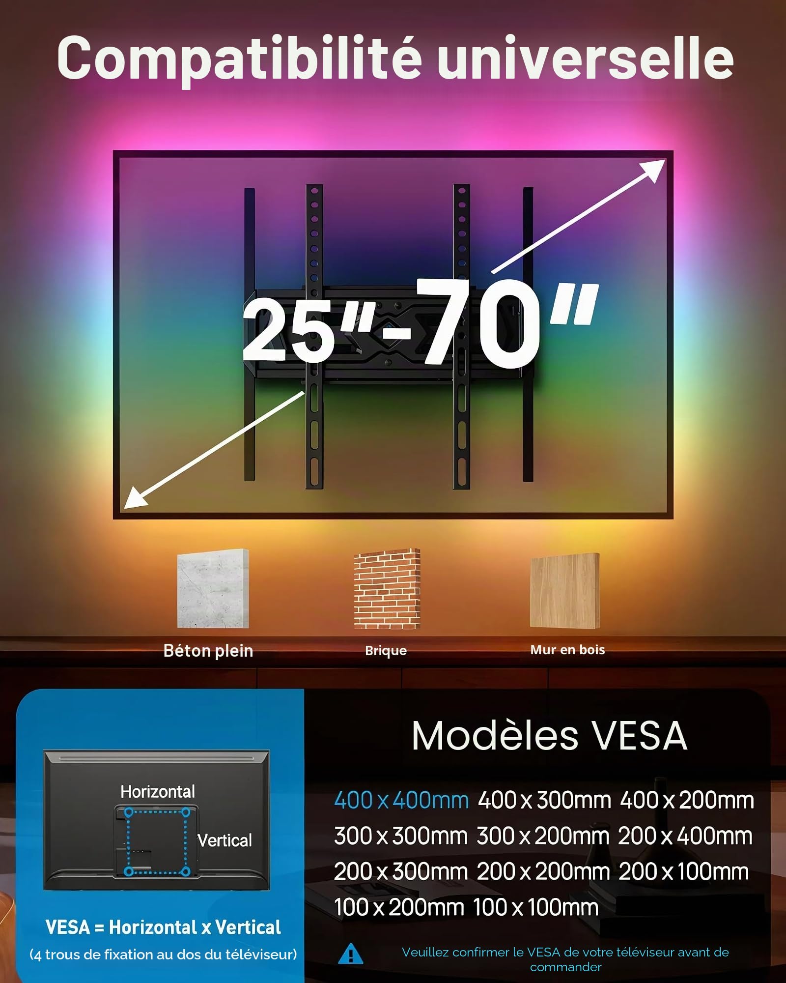 PERLESMITH Support Mural TV, Fixation TV Murale Inclinable et Orientable pour Écrans 25-70 Pouces Jusqu'à 45Kg, VESA 400 x 400mm