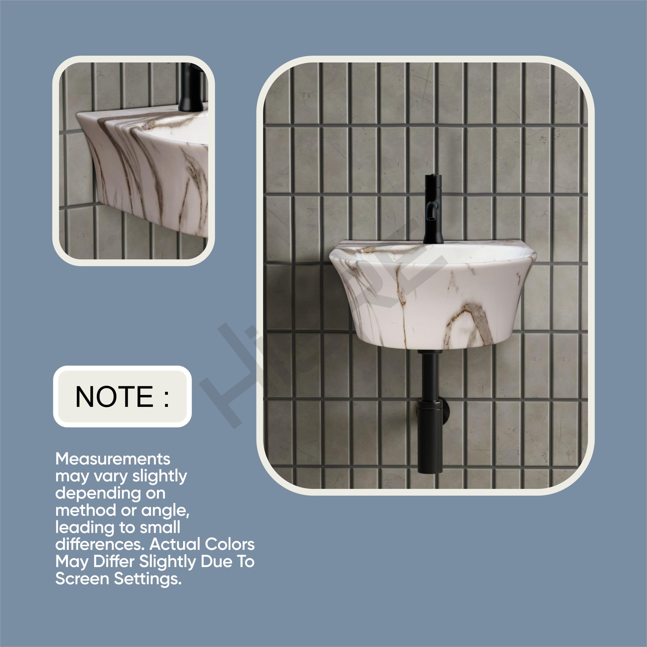 HISRE Wall Mount Wash Basin 13x14x5 Inch | Modern White and Grey Marble Design Ceramic Sink | Rectangular Bathroom Basin for Home, Office & Hotels, photo 5 of 5