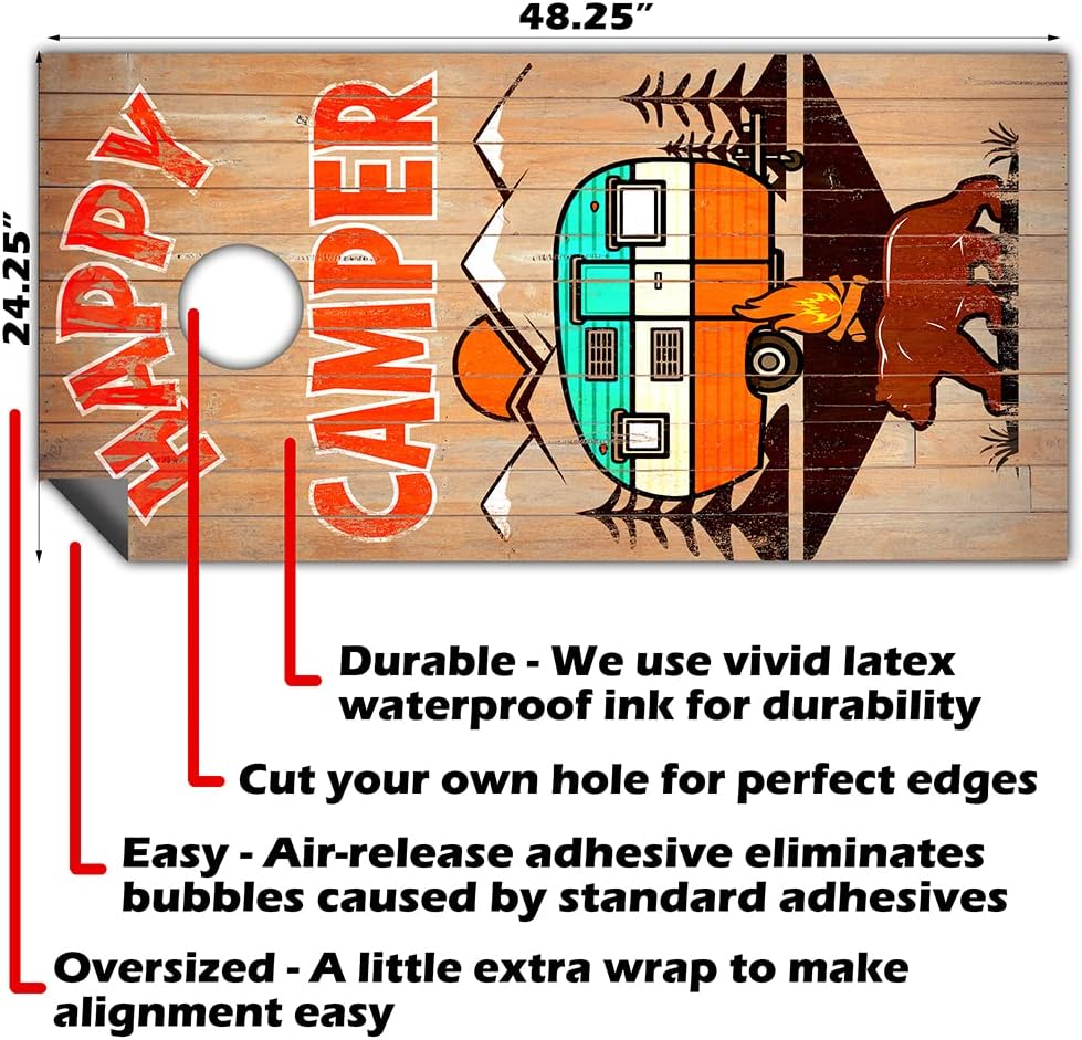 Cornhole Board Wraps and Decals for Boards Set of 2 Skins Professional Vinyl Covers Sticker Happy Camper Wooden Plank Style Cornhole Wraps Stickers Cornhole Skins Cornhole Wraps for Boards