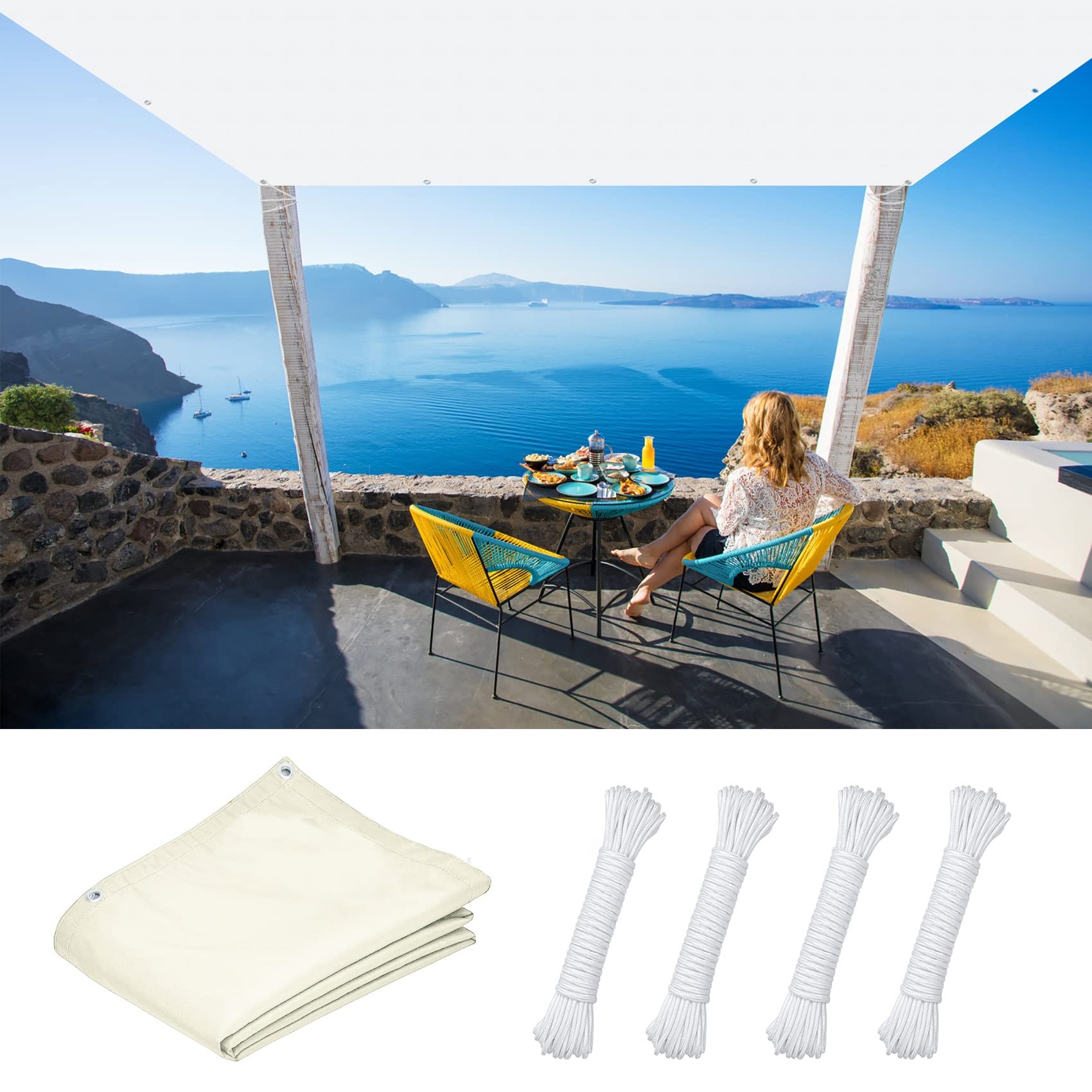 Voile d'ombrage terrasse 4x7m blanc avec corde et protection UV pour extérieur et jardin