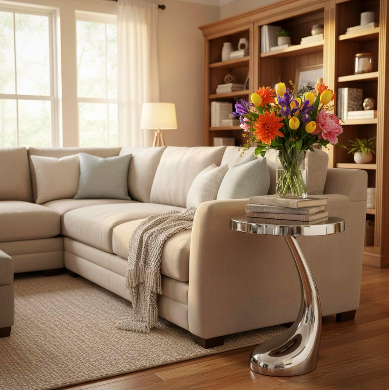 Modern Day Accents 3803 Recodo Curve Foot Table, Silver, Aluminum, Home or Office, Round Accent Table Tabletop, Room Decor Side Table End Table Furniture, Small Accent Table 14.75"L x 14.75"W x 21"H