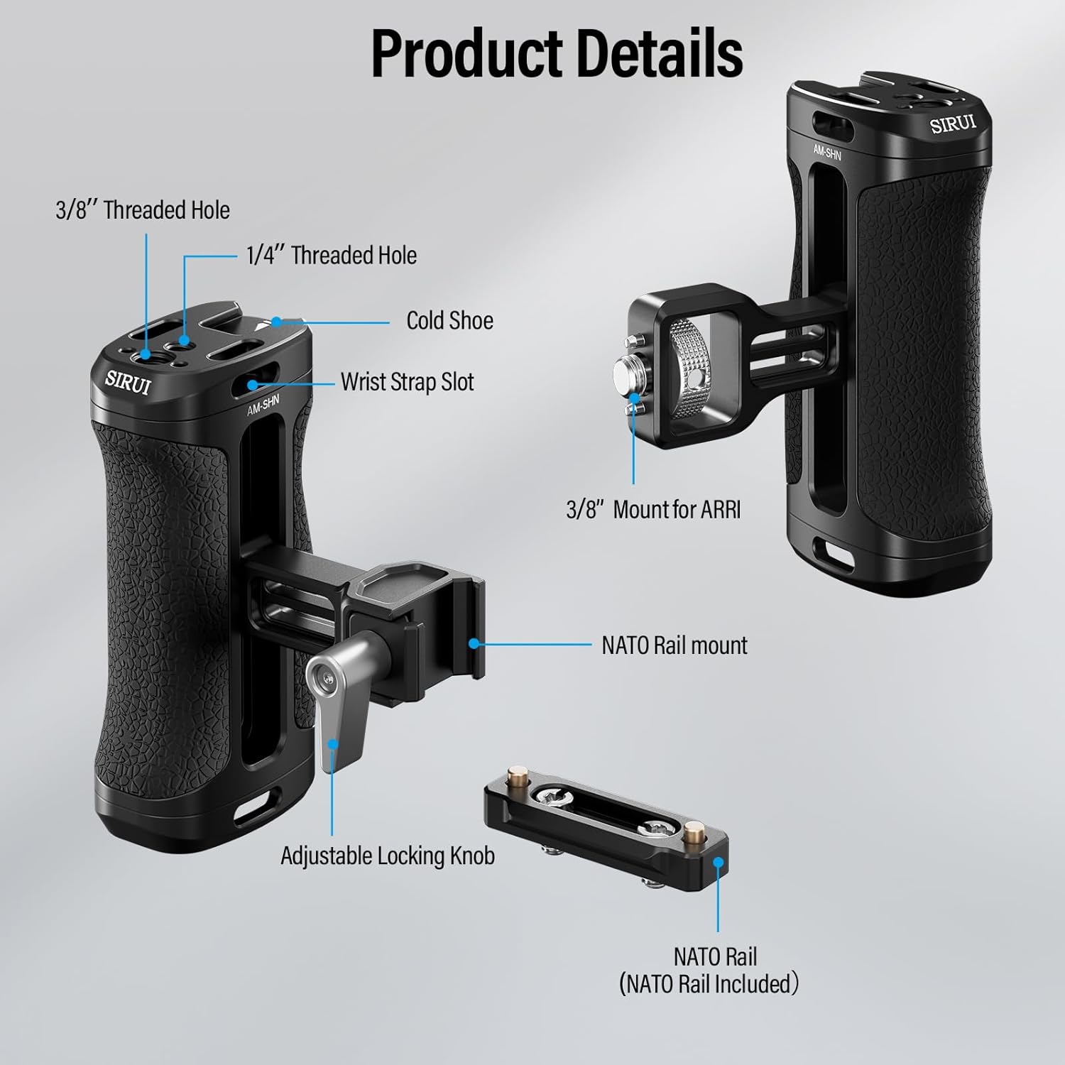 SIRUI Locating Side Handle for ARRI or NATO Mount Optional, Lightweight Camera Cage Handle Grip with Built-in Wrench, Cold Shoe, and Threaded Holes, Up and Down Adjustable, Black, AM-SHN, Pack of 1