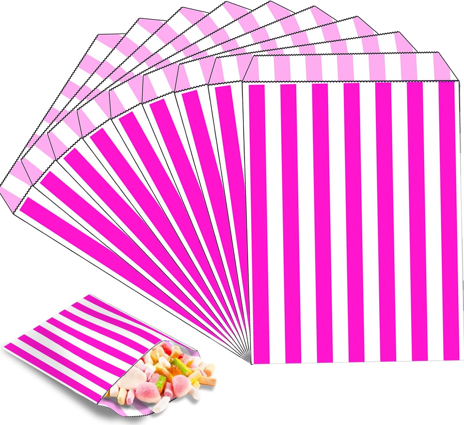 100pk Pink Sweet Bags,Small Striped Candy Bag,5''x7'' Sweetie|Popcorn|Bread|Sandwich|Biscuit Bag,Party Bags for Snacks,Sweets,Cake Gift,Wedding,Birthday Party,Christmas