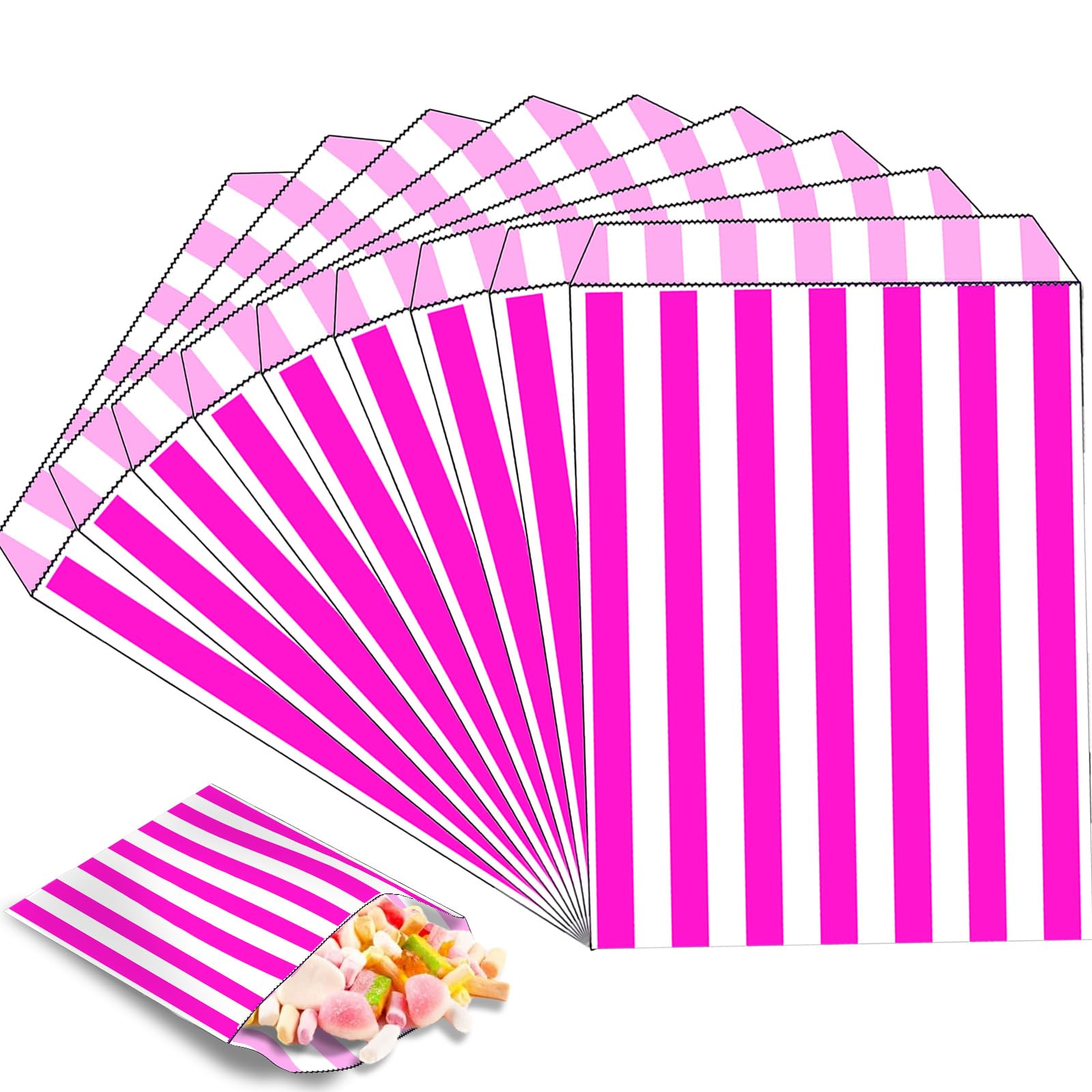 100pk Pink Sweet Bags,Small Striped Candy Bag,5''x7'' Sweetie|Popcorn|Bread|Sandwich|Biscuit Bag,Party Bags for Snacks,Sweets,Cake Gift,Wedding,Birthday Party,Christmas — image 1