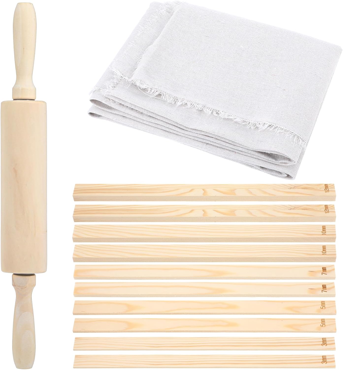 12Pcs Pottery Tools, 1 Clay Rolling Pin 10Pcs 5 Size Pottery Wooden Rolling Pin Guides Sticks 1 Special Linen Clay Depth Guide Tools