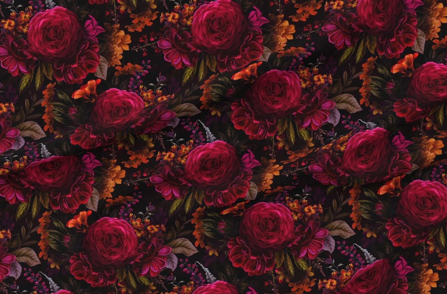Spoonflower Fabric - Moody Floral Gothic Flower Maximalist Bouquet Dark Red English Rose Printed on Organic Cotton Sateen Fabric by The Yard - Sewing Quilting Apparel Home Decor