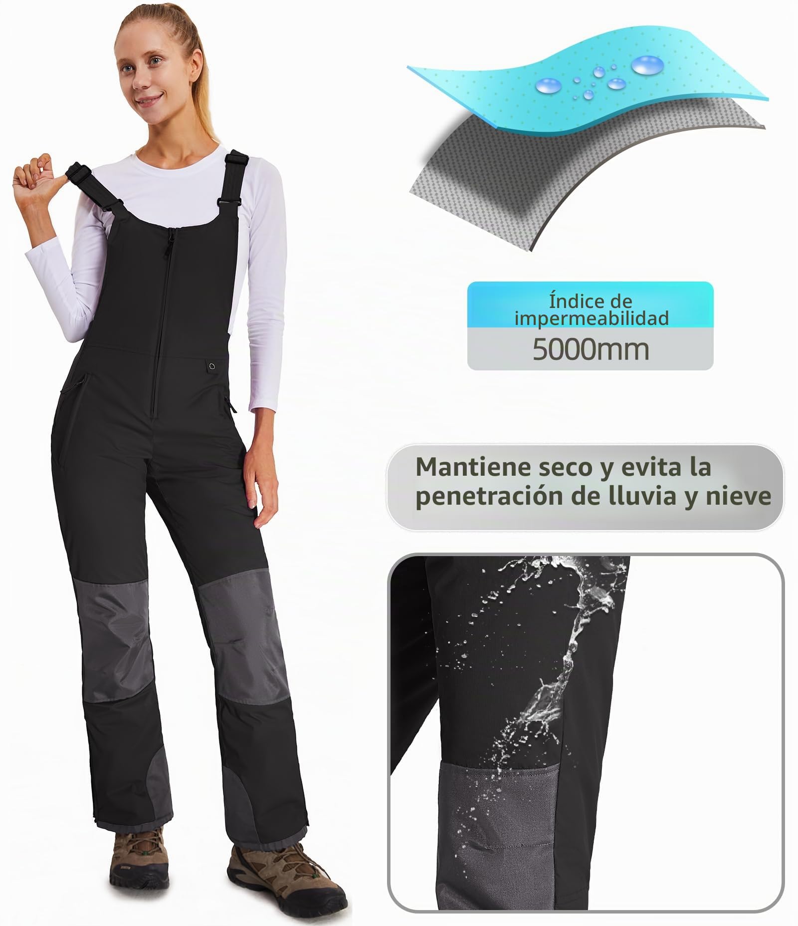 Pantalones Nieve Esquí Mujer Invernal Pantalón Softshell Calor Pantalones de Trabajo Largos Prueba Viento Impermeable Mono Outdoor Pantalón Funcional con Tirantes Ajustables HXK7664W-Black-M