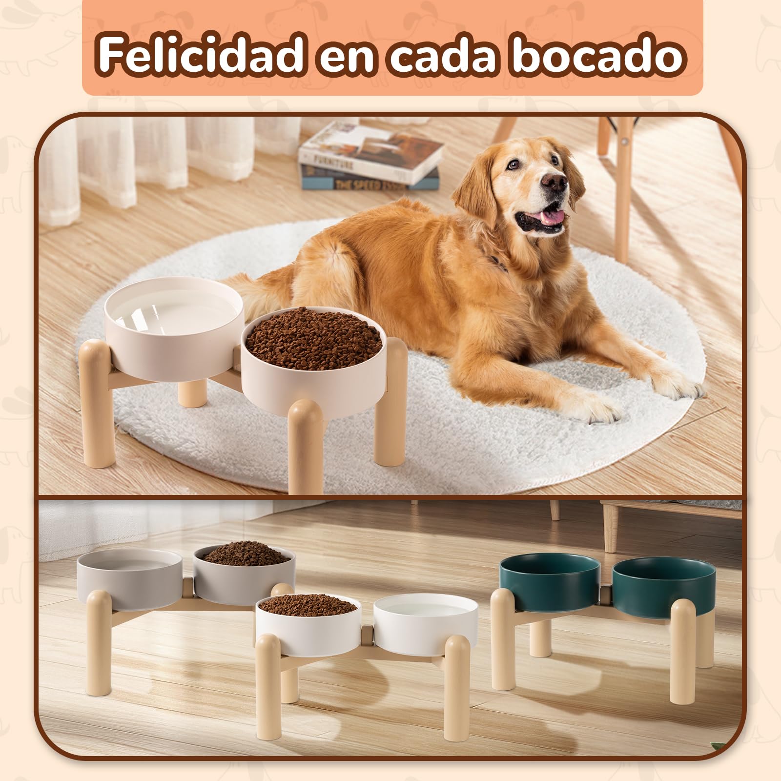 Comedero Elevado para Perro de Cerámica - Cuencos Doble con Soporte Antideslizante - para Agua y Comida - Apto para Perros Medianos y Grandes - 2 x 2000 ml - Verde