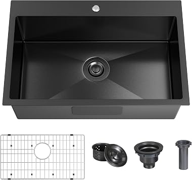 28 x 18 Inch Black Drop In Kitchen Bar Sink, Small Kitchen Sink Single Bowl Topmount Bar Prep Sink 18 Gauge Stainless Steel Bar Sink with Grid and Basket Strainer