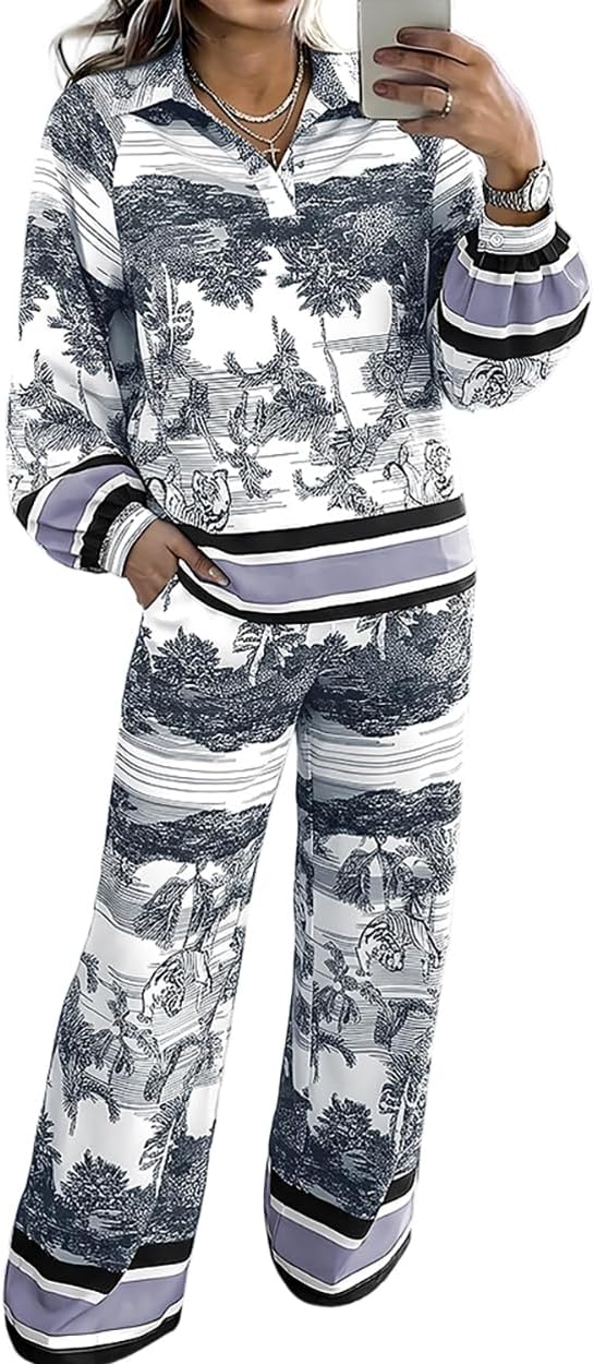 CHICME Women 2 Piece Outfits Tropical Tiger Print Loose Lounge Set Long Sleeve Top & Wide Pants Suit Casual Vacation Outfits
