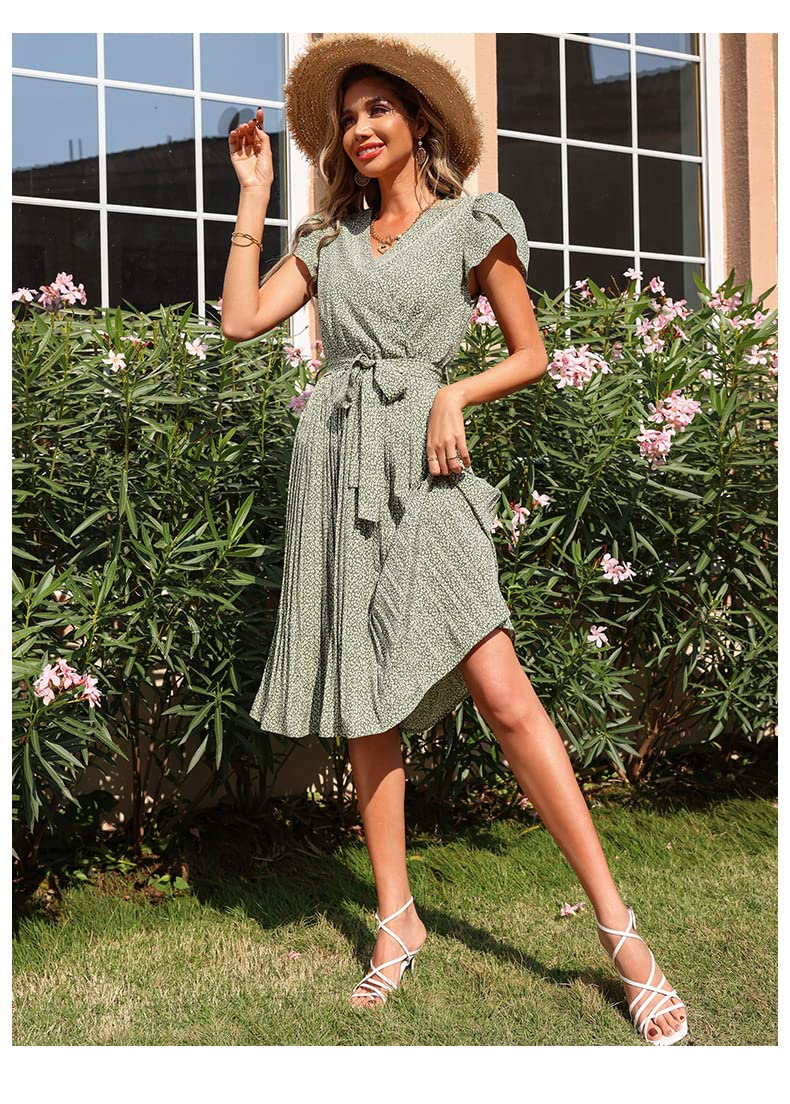 Abito Vestito con Scollo A V Pieghettato Stampato Verde Stampato Verde