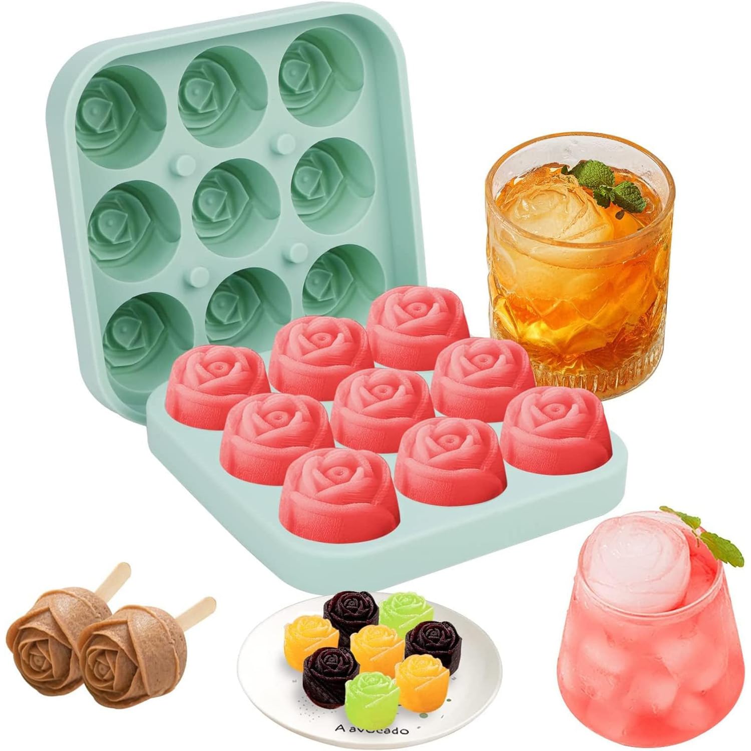 X spring Silicone Ice Cube Mold, 9 Hole Good Sealing Rose Shaped Ice Tray, Safe and Odorless Rose Ice Cube Trays, Easy to Release Flower Shape Ice for Cooling Whiskey Cocktail Juice