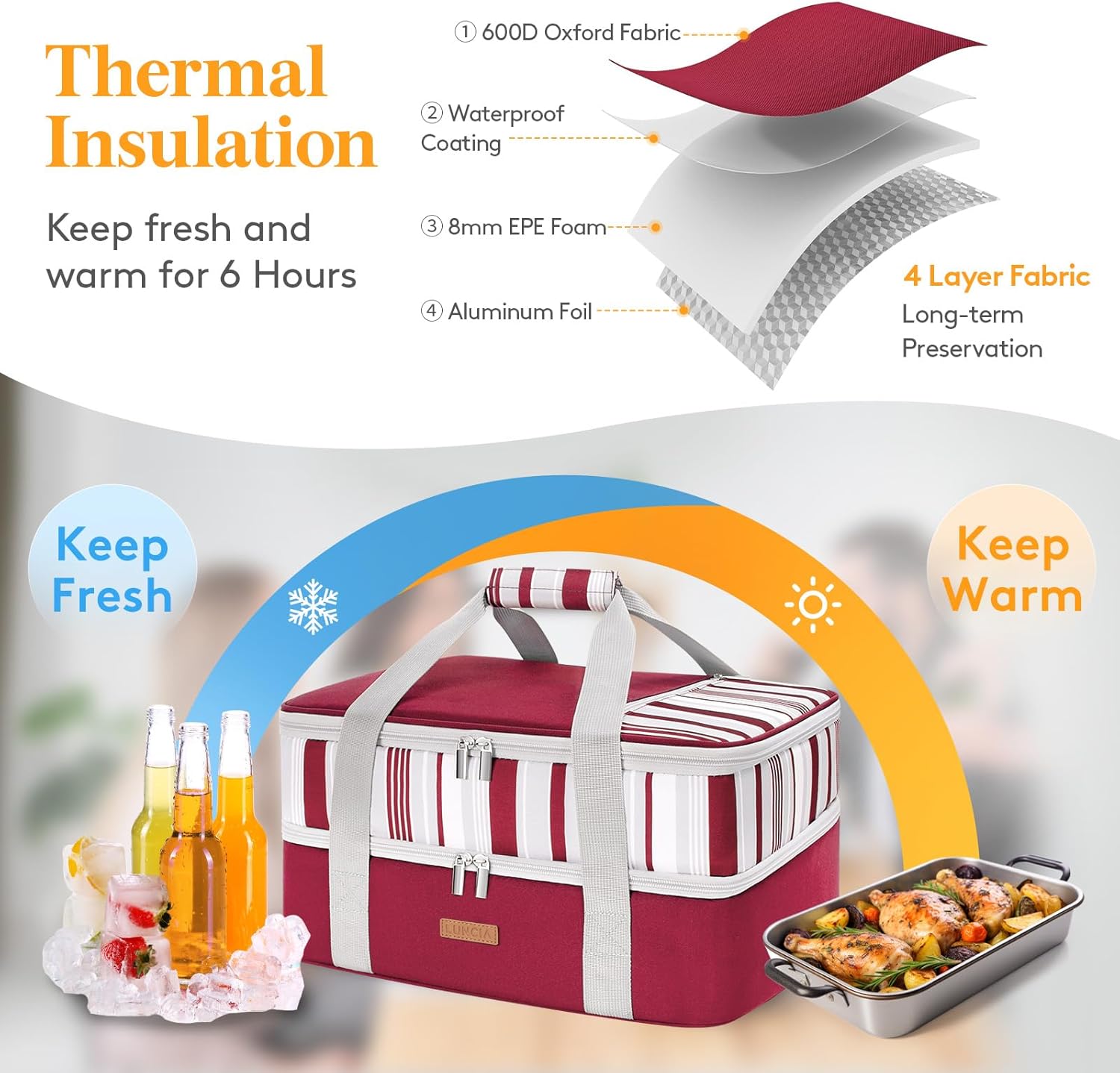 LUNCIA Insulated Double Decker Casserole Carrier, Lasagna Lugger Tote Keeps Food Hot or Cold, Thermal Lunch Bag for Potluck Parties, Picnic and Cookouts, Fits 9" x 13" Baking Dish, Red