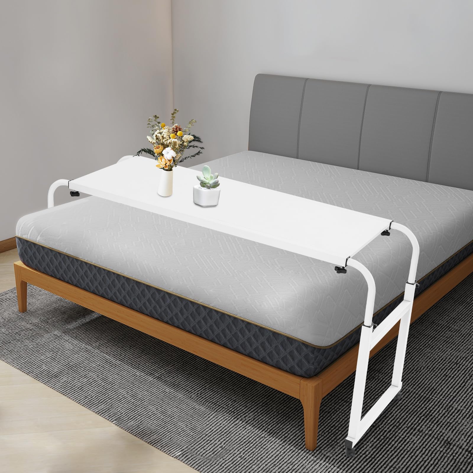 Table de lit avec roulettes, bureau au-dessus du lit, table de chevet, bureau mobile, bureau d'ordinateur portable, pour chambre à coucher, hauteur et longueur réglables