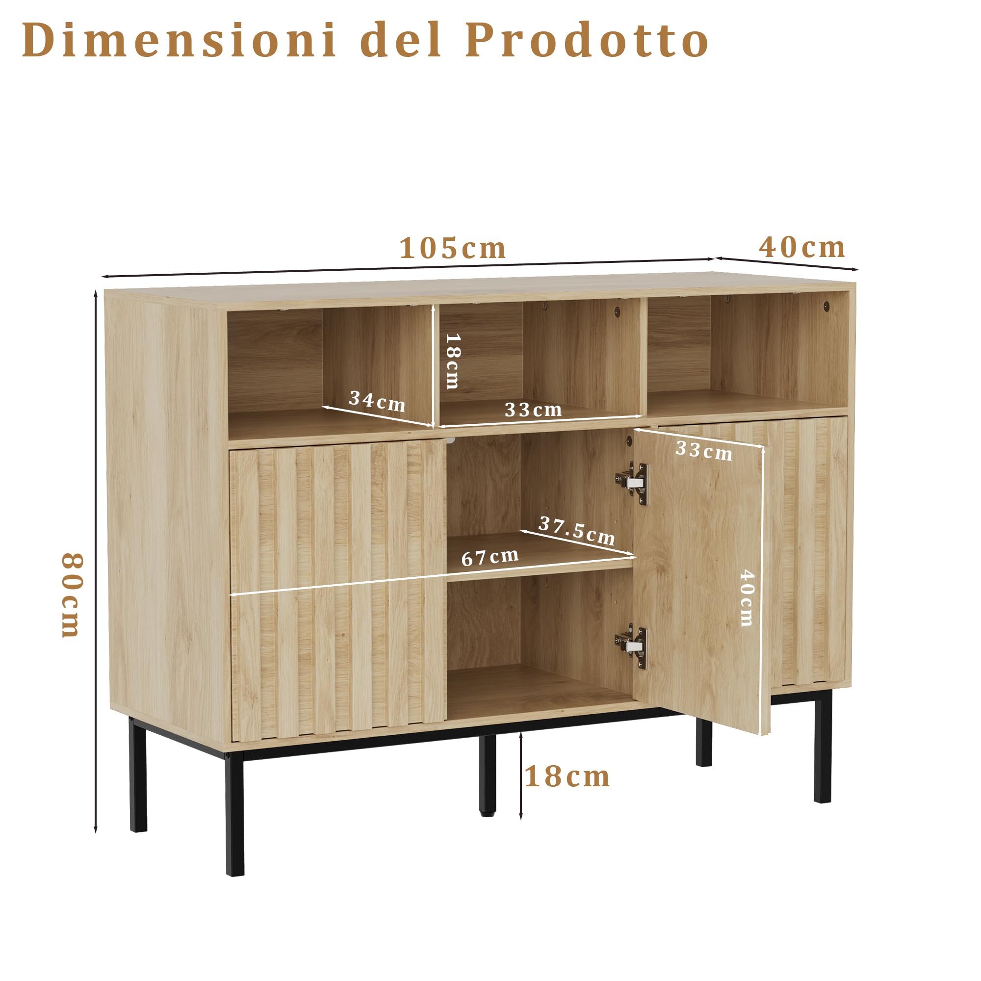 UEV Credenza Cucina con Luce LED a 3 Ante Design Strisce di Legno, Naturale | Armadietto con 3 Scomparti Aperti, Mobile Moderno con Ampio Piano di Lavoro, 105x40x80cm