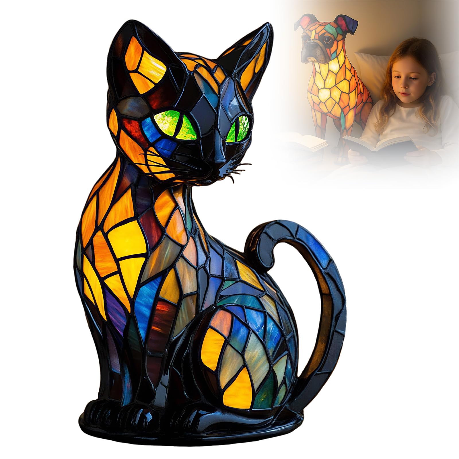 Wongify Pug Lamp Stained, Dog Series Art Night Light, Stained Resin Animal Table Lamp for Bedroom Living Room Desk & Bedside Home Decor (Cat Lamp)