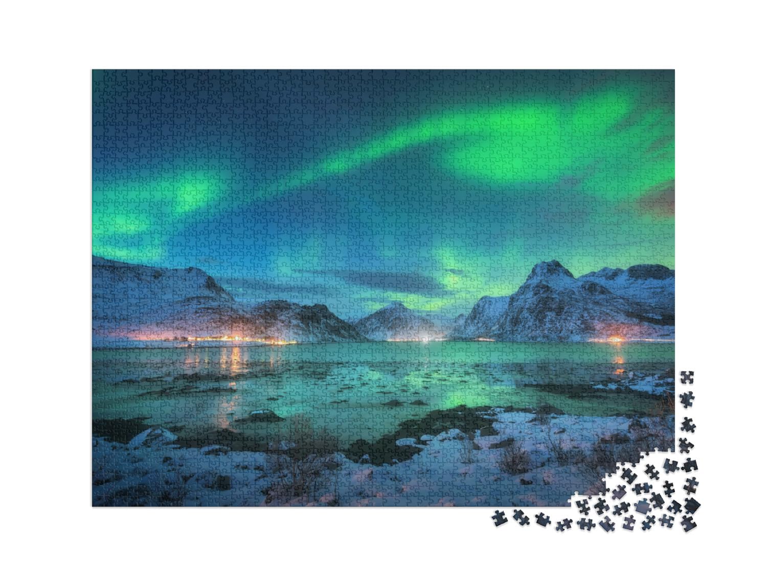 puzzleYOU : Puzzle de 2000 pièces « Aurore boréale au-Dessus de la mer avec des Montagnes enneigées, Lofoten »
