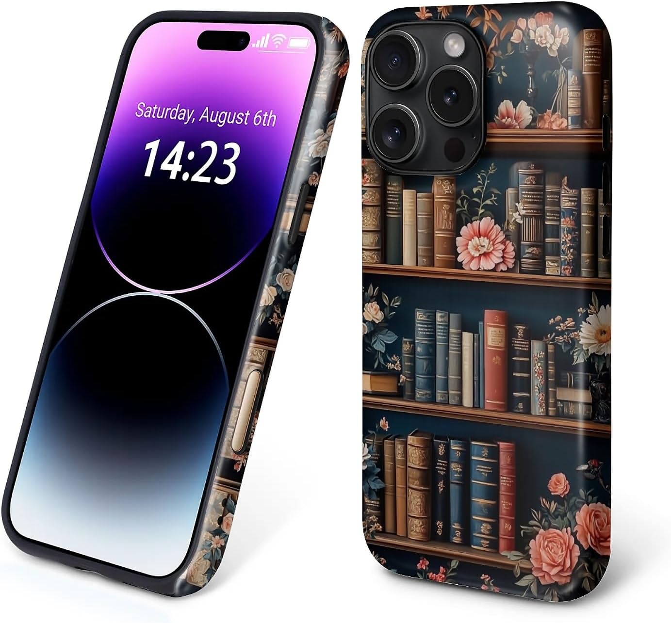 Case for iPhone 13/14,Compatible with MagSafe,Magentic Hybrid 2 Layer Durable Shockproof Protective for Woman Girl-Flower Bookshelf