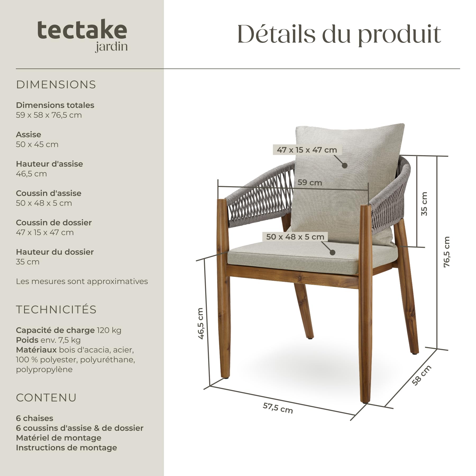 tectake® Lot de 6 Chaise de Jardin Fauteuil Salon extérieur Bois d'acacia avec Accoudoirs, résistant aux intempéries, pour Salon de Jardin Exterieur, Meuble pour Amenagement Balcon Terrasse