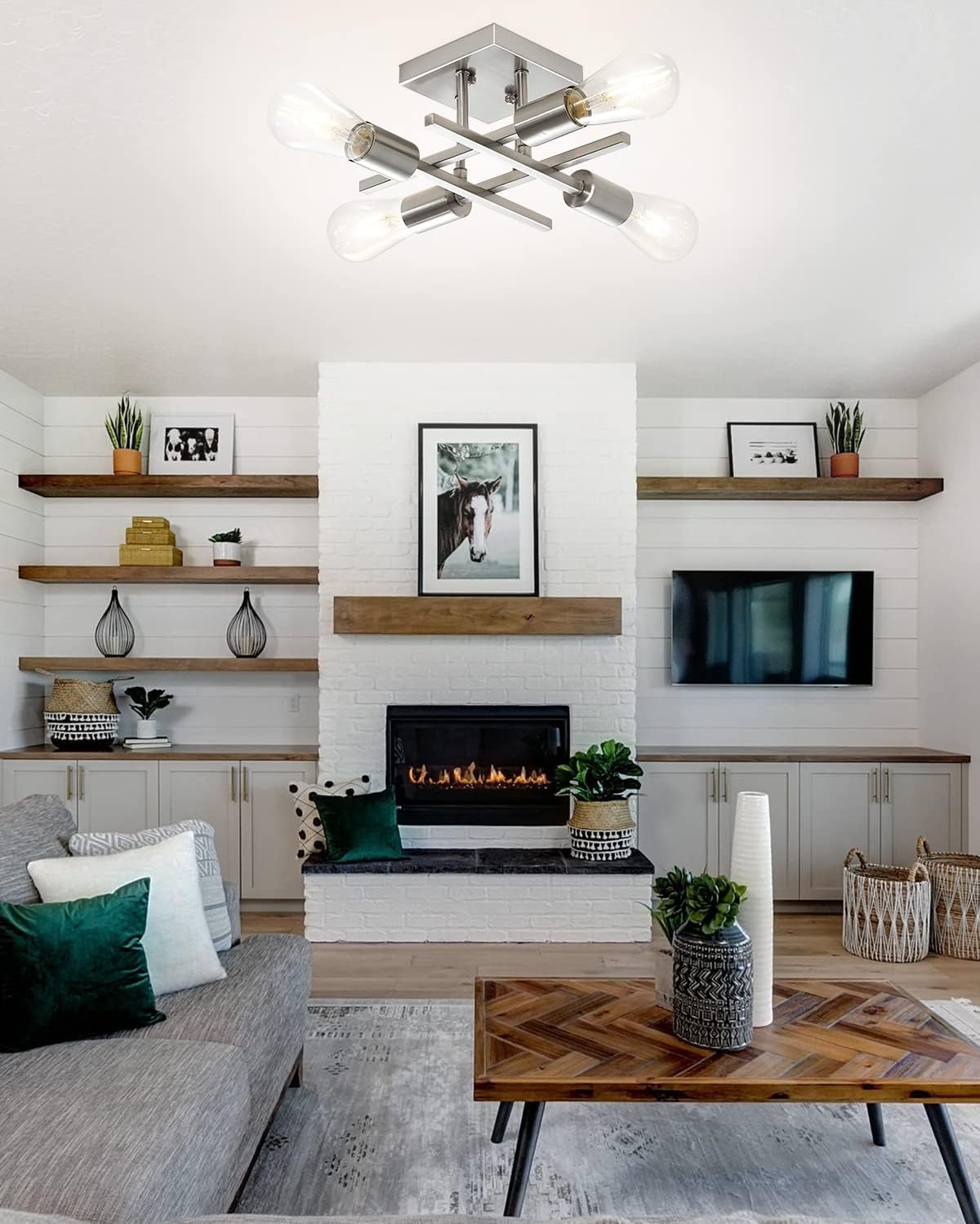 4-Light Semi Flush Mount Ceiling Light, Modern Brushed Nickel Close to Ceiling Light Fixtures, Easy Assembled, House Indoor Ceiling Lights for Bedroom Living Room Entryway