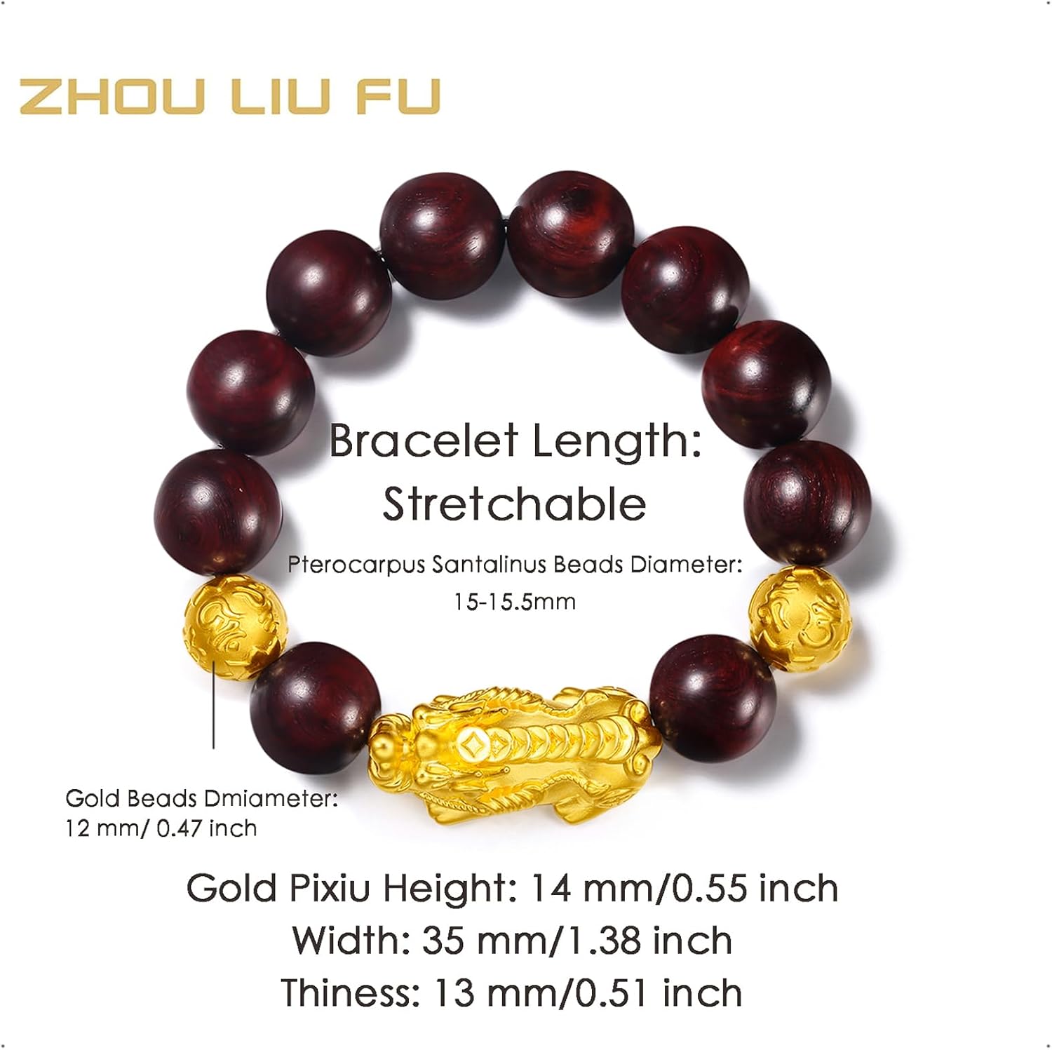 ZHOU LIU FU 24K Solid Gold Bracelet Real Pure Gold Jewelry Pterocarpus Santalinus Gold Pixiu Ball Bracelet for Men Dad Birthday Anniversary ADXY192235