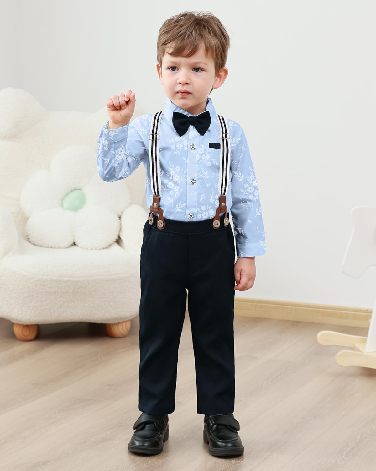 YALLET Toddler Baby Boy Clothes Suit Gentleman Wedding Outfits Formal Dress Shirt+Bowtie+Suspender Pants - Image 3